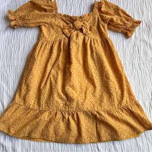 Janie and Jack Girls Yellow Eyelet Dress Size 10 Cotton Bow Ruffle Sleeve Boho
